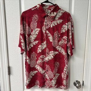 Vintage Batik Bay Mens Hawaiian Floral Pineapple red button down shirt Size L